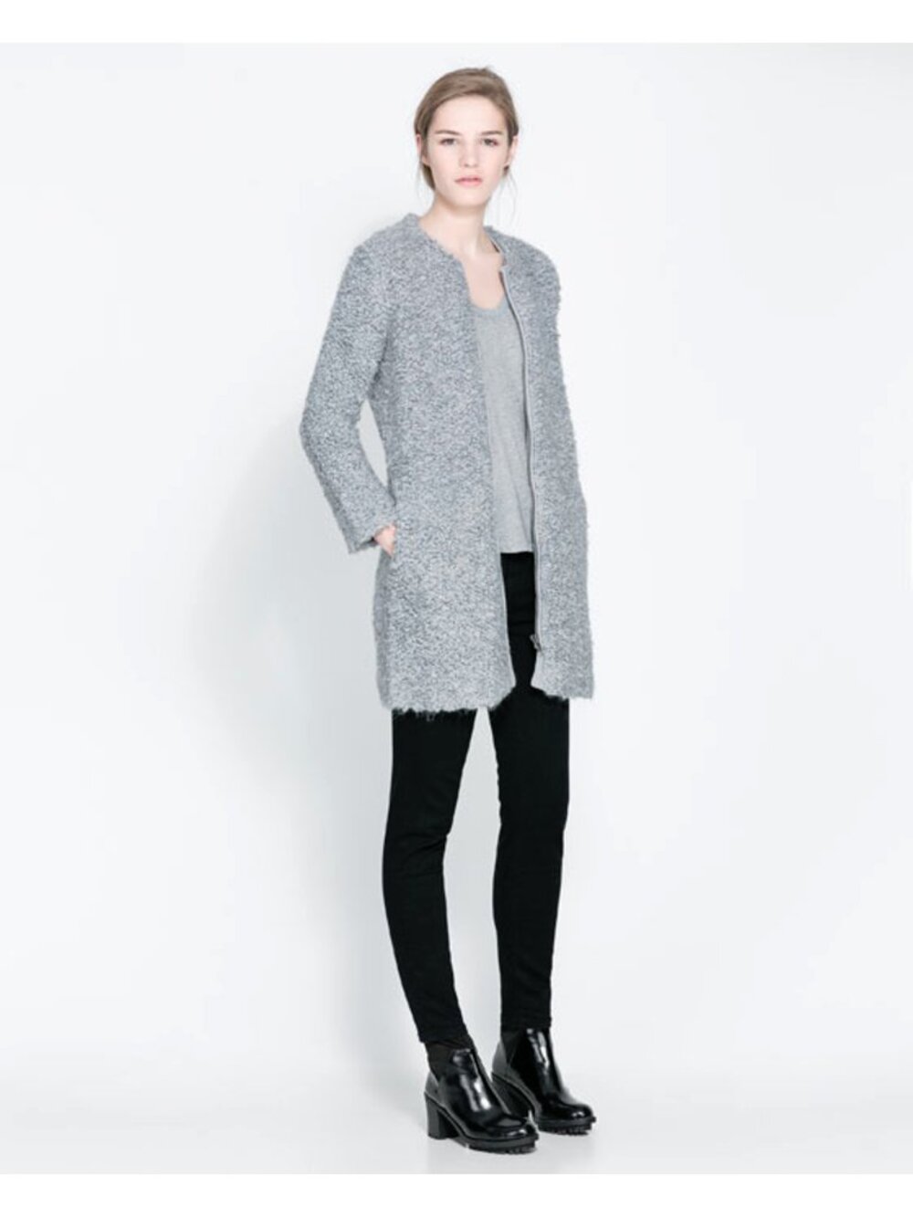 EUC Zara Knit textured loop knit mohair wool blend mid length zippered cardigan